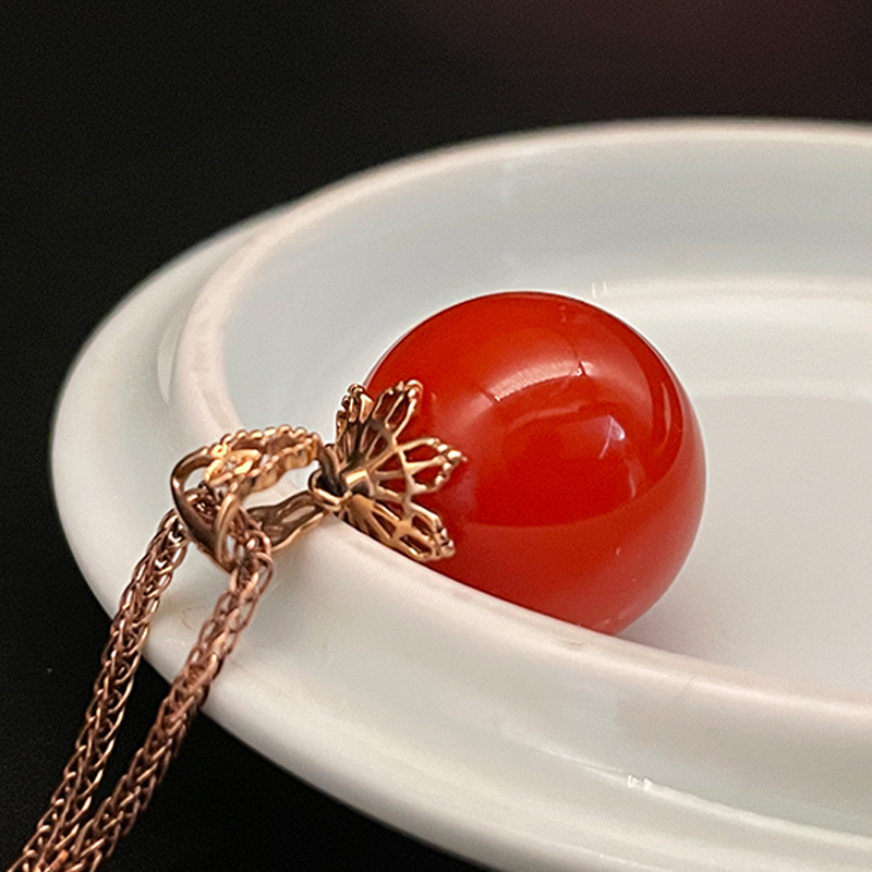 曼丽翠18k金保山满肉满红南红158mm圆珠吊坠项链