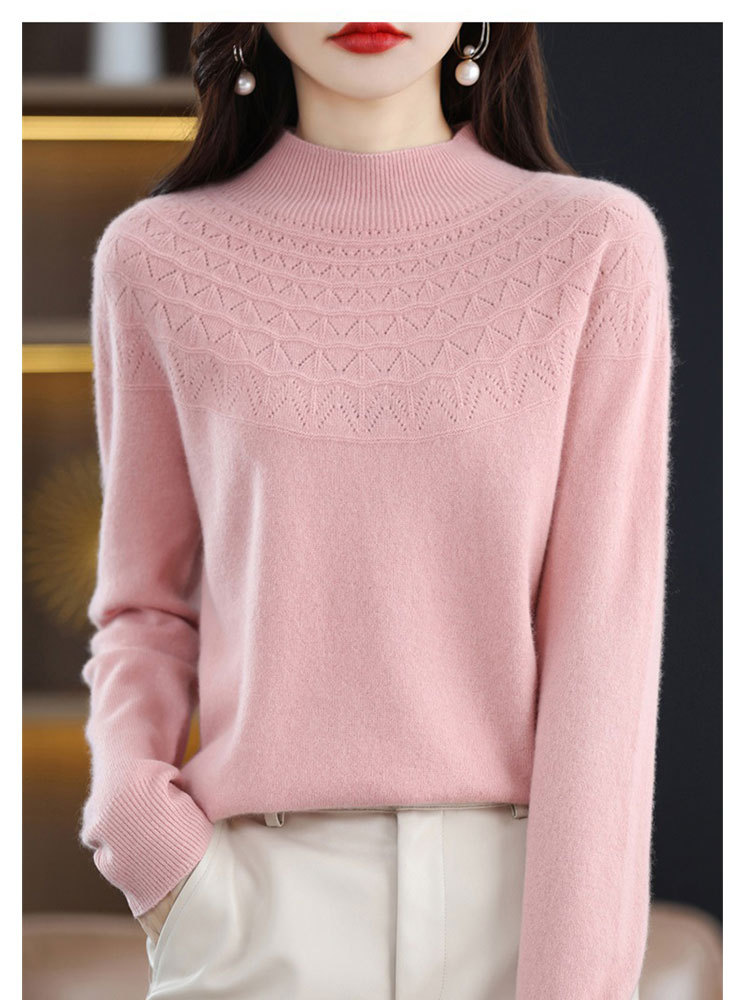 100羊毛一线成衣重工设计感花型半高领上衣·湖蓝色