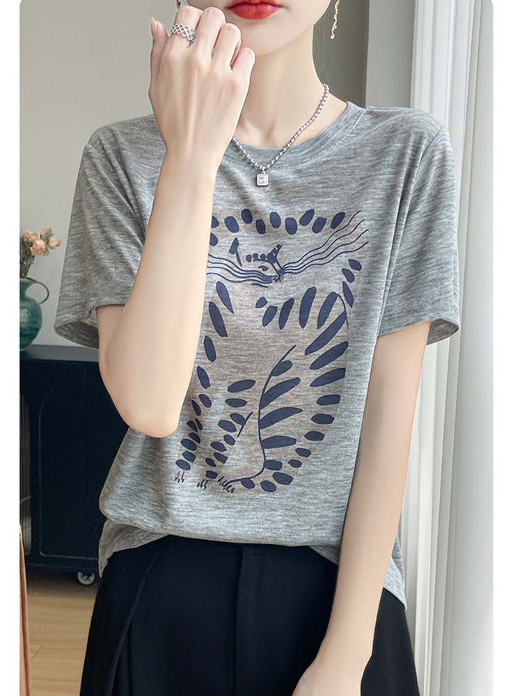 新款超细纤维圆领印花清爽透气时尚减龄短袖·灰色