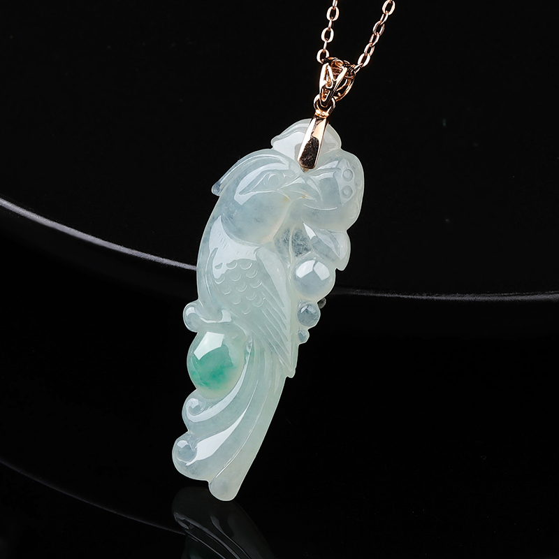 翡丽翠孤品18k金镶冰绿天然a货翡翠鹦鹉吊坠