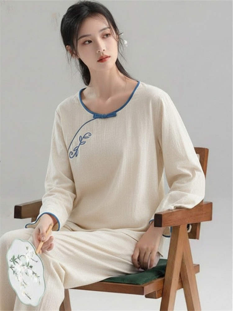 棉朵妮棉麻国风刺绣长袖长裤套装女·人字斜麻本白