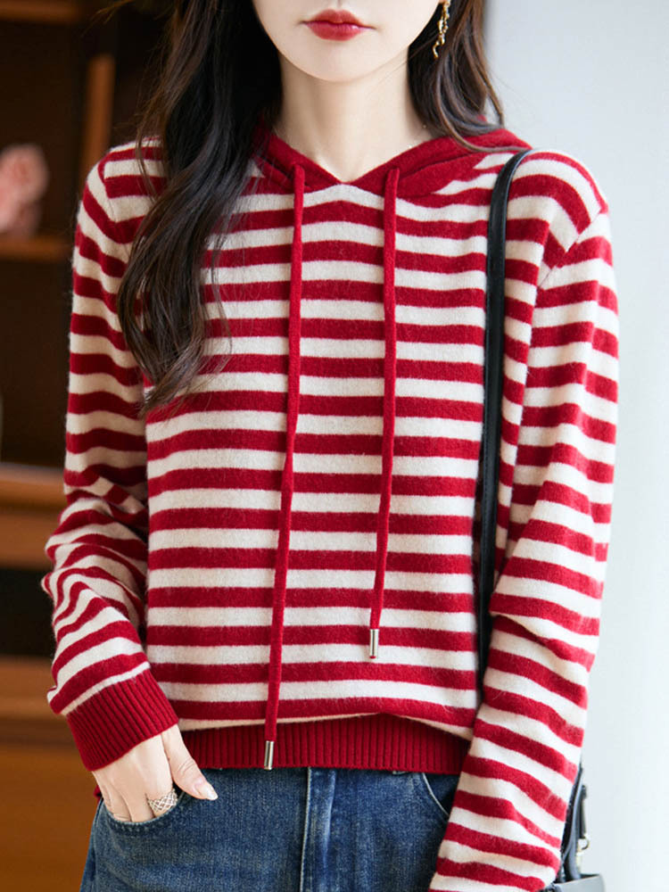 丁摩 纯羊毛宽松连帽条纹打底针织衫毛衣M2-456·红色+米条纹