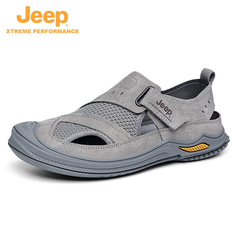 jeep夏季包头凉鞋男款真皮洞洞鞋防滑防臭P221291502·灰色（运动鞋小一码拍）
