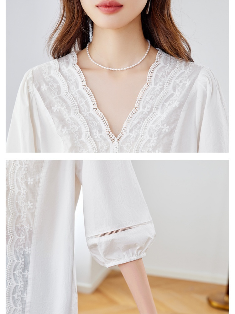 【100棉】可风各蕾丝花边镂空五分袖衬衫64108·白色