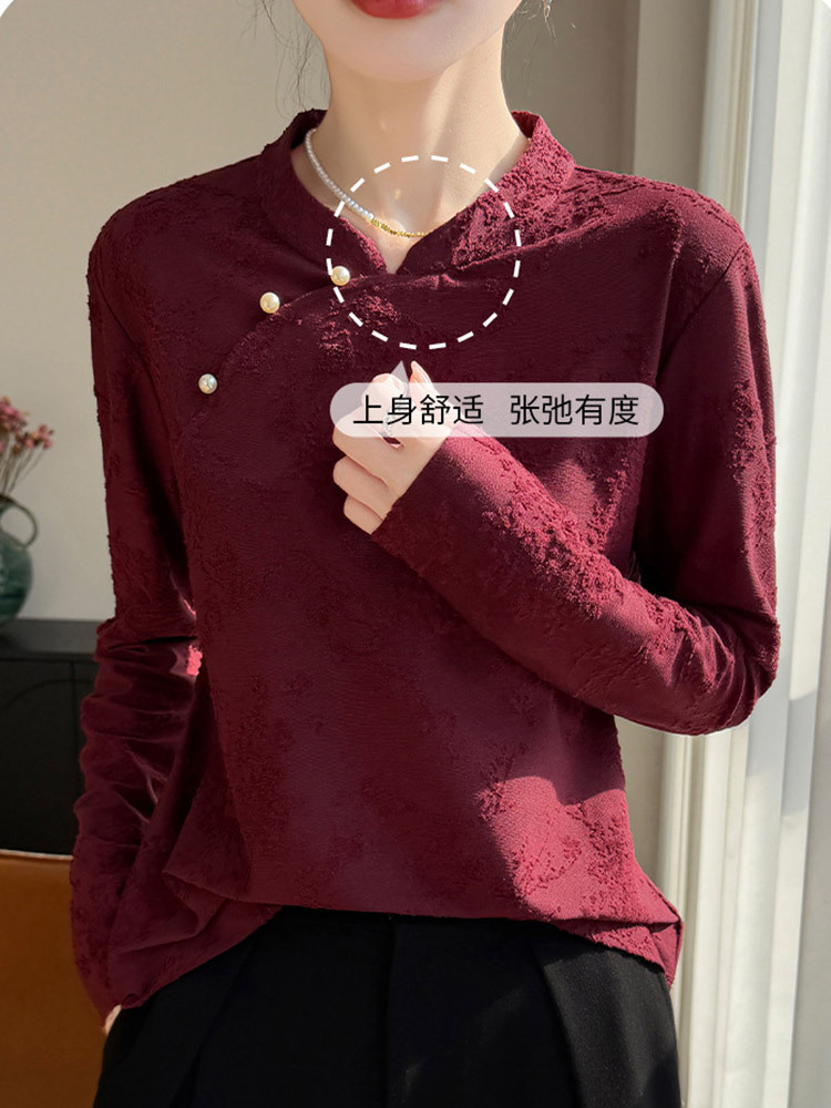 高品质精纺莱赛尔桑蚕丝国风斜扣提花长袖针织衫·安哥拉红