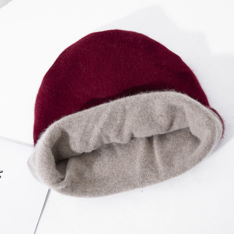 羊毛混纺双色双面帽子围脖发带多用防风堆堆帽·枣红拼驼