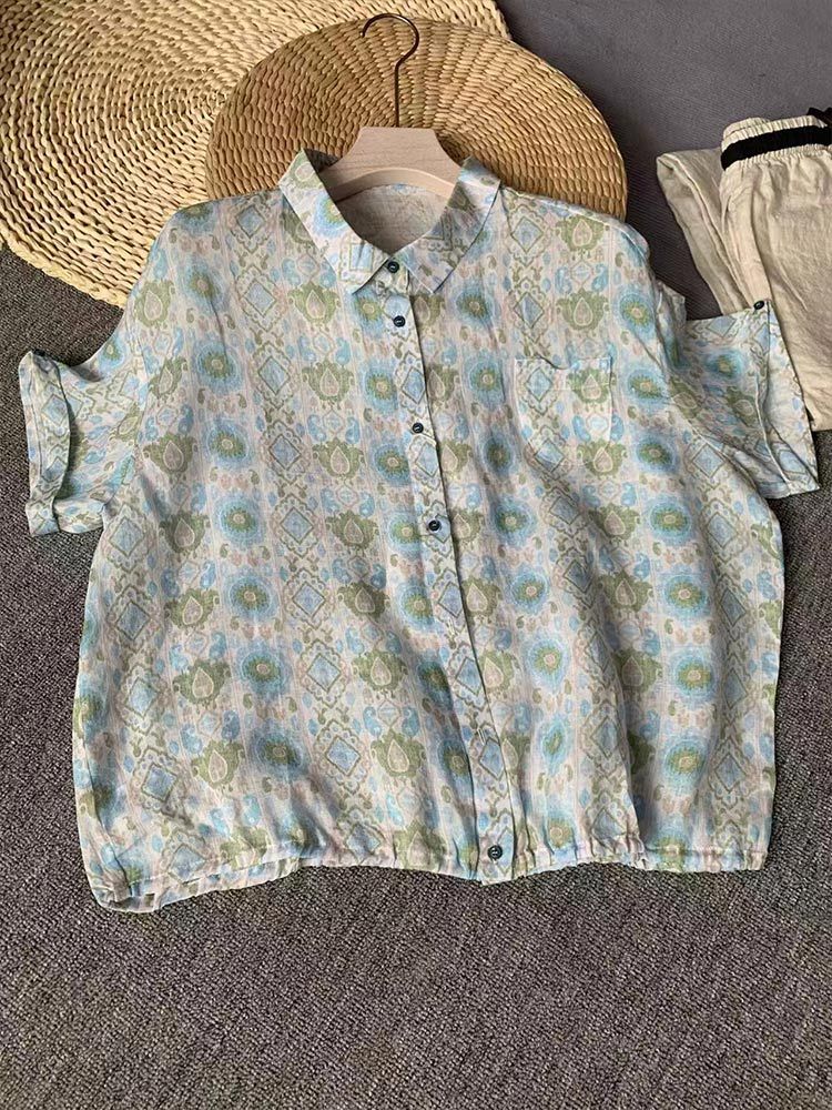婵阅专柜高货亚麻宽松舒适短袖大码遮肉名族风衬衫·WH-245-印花