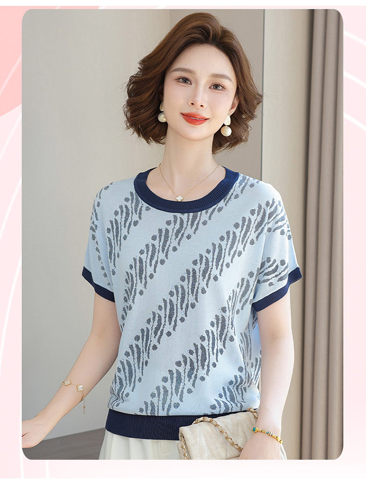 欧奈丝 女士大码提花百搭减龄短袖冰麻衫6158918·淡蓝色