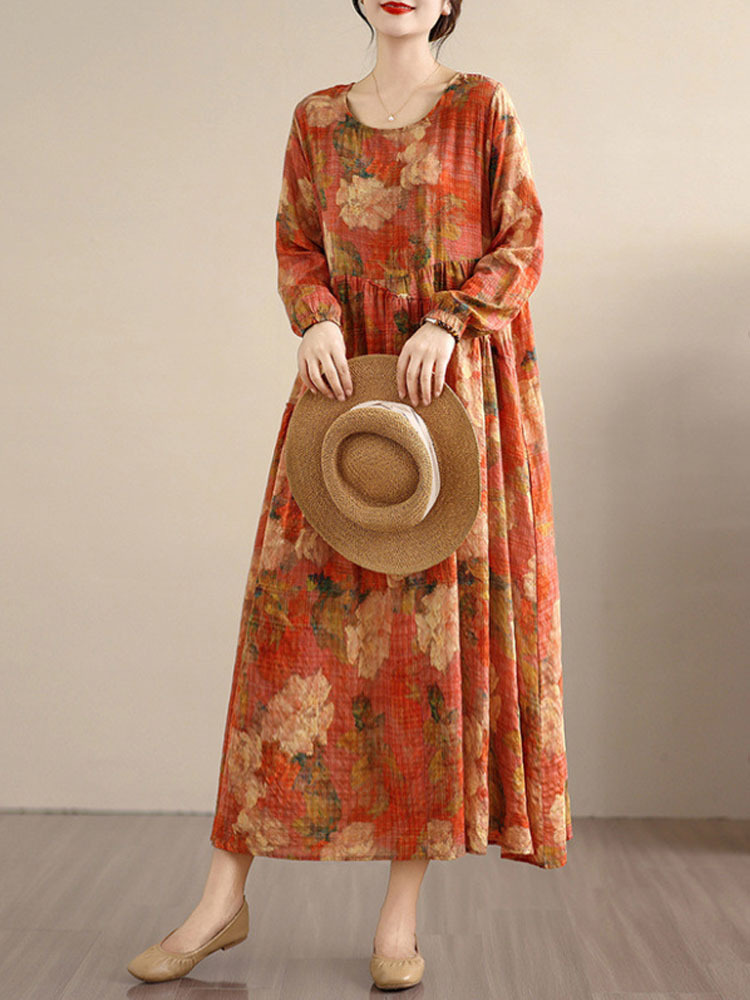 雀说 复古文艺印花连衣裙女春秋长袖亚麻棉长款大摆宽松花边裙·图片色