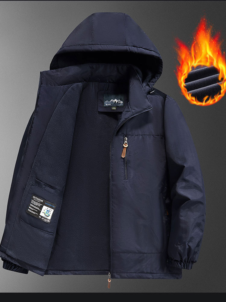 新款加绒加厚可拆卸连帽高密防风防水休闲男士外套·深蓝色