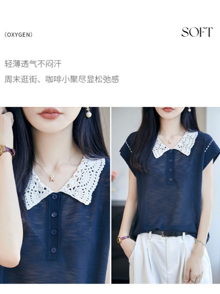 特舒竹节麻花边蕾丝针织衫TS587·蓝条纹