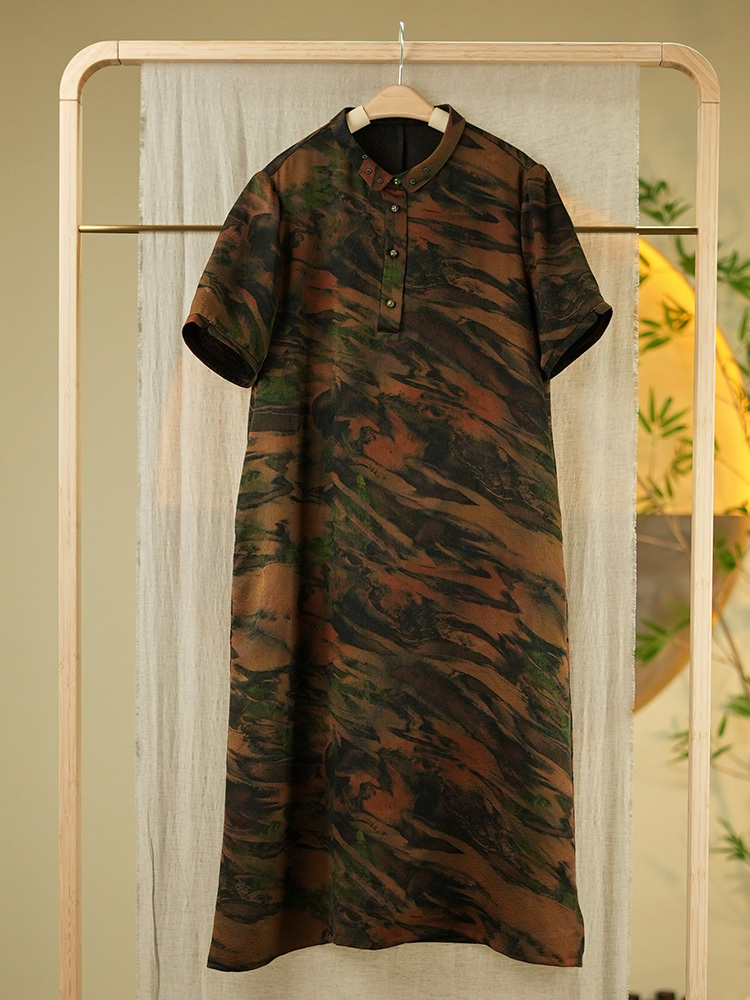 锦传统手工整染香云纱全罗连衣裙7053·绿色迷彩风