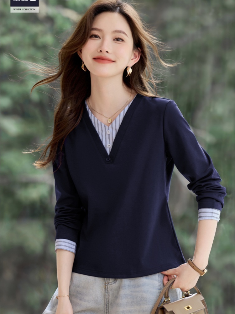 【92精梳棉】轩凌子假两件V领T恤S82610017·宝蓝色