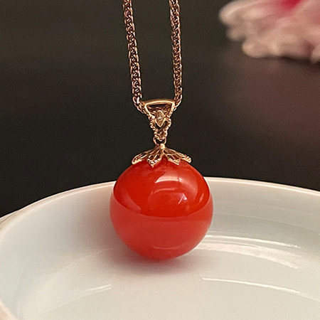 曼丽翠18k金保山满肉满红南红158mm圆珠吊坠项链