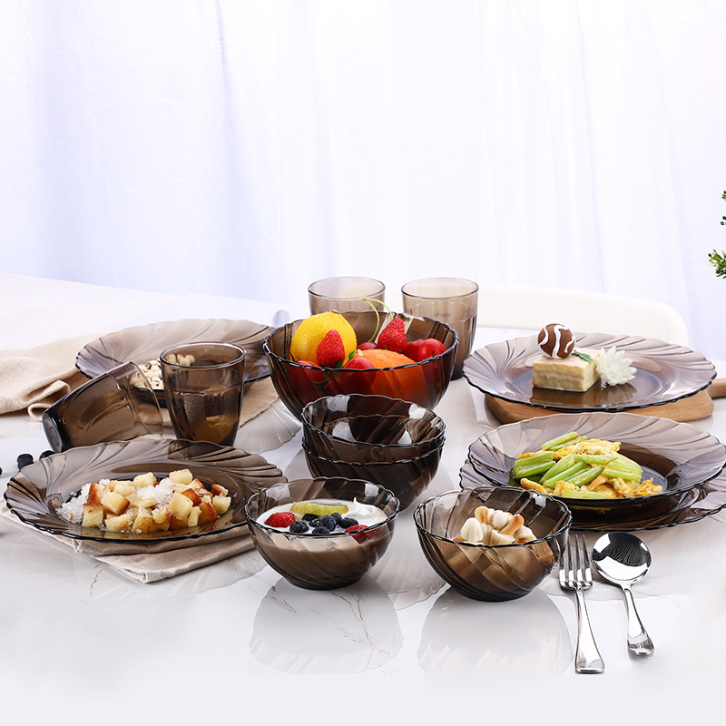 多莱斯DURALEX 法国进口钢化玻璃餐具碗盘碟套装微波炉适用14件套·咖啡色