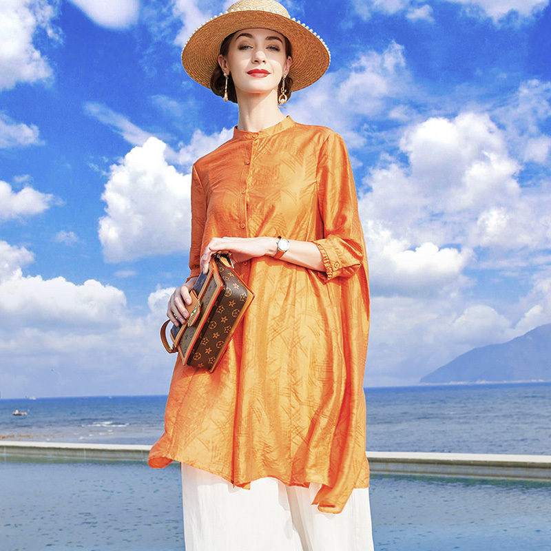丁摩 夏季新款天丝提花时尚洋气百搭宽松衬衫防晒衣开衫薄外套20-167·橙色