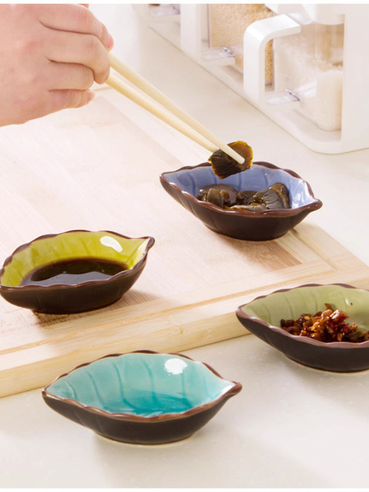 （4只装）陶瓷小碟子日式餐具醋碟酱油碟调味碟骨碟菜碟创意小吃盘子·树叶湖蓝