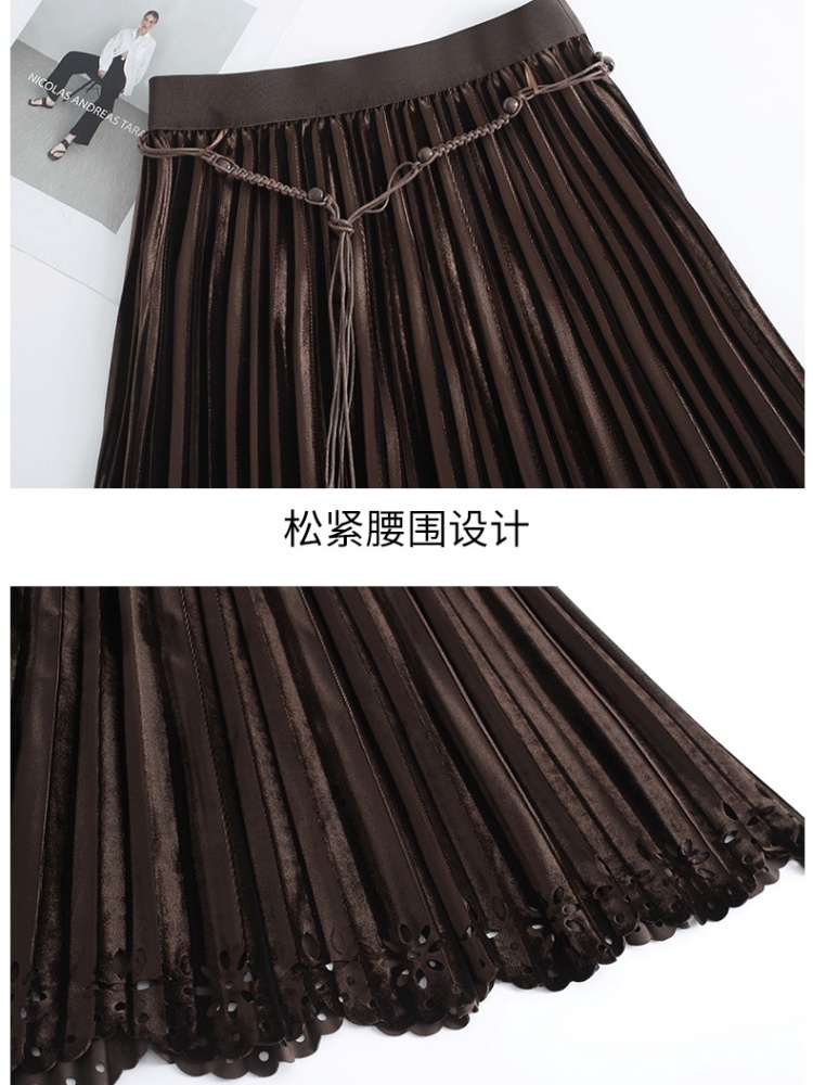 梦卓旋镂空花金丝绒百褶半裙ZS9389·咖色