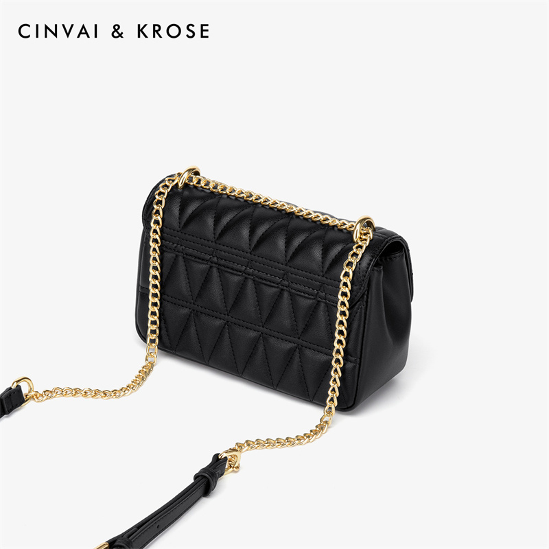 CinvaiKrose 牛皮包包女链条斜挎包小众菱格单肩包女包B6325·菱格黑