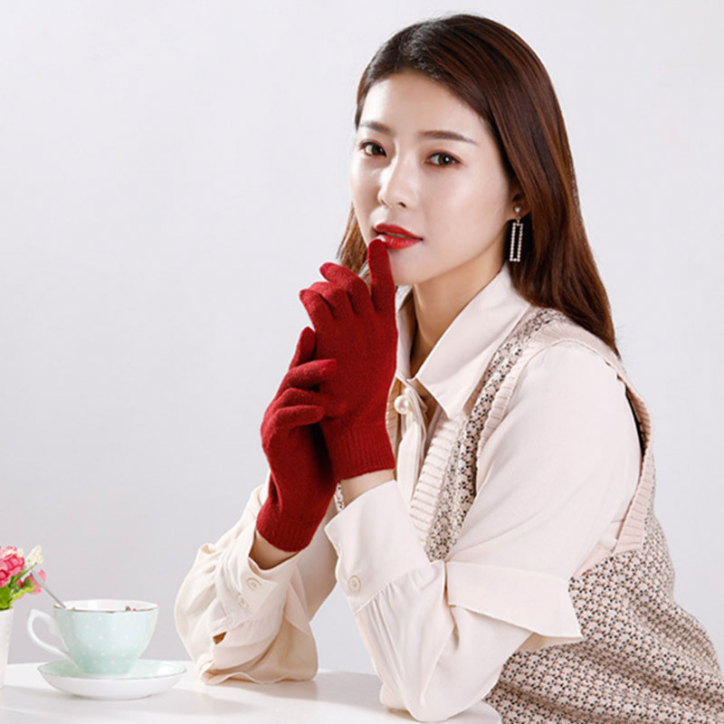 (2对4只)羊毛混纺男女同款可触屏手套·五指(黑色+锈红色)