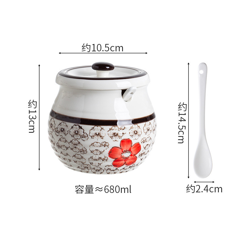 日式陶瓷猪油罐家用耐高温辣椒油罐带盖勺调料罐糖罐盐罐·红花