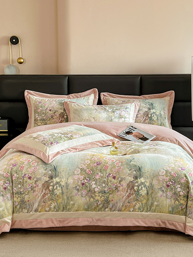 多宝雅2025新款A类高克重全消光大版数码印花75D牛奶绒四件套·绿叶仙踪-绿