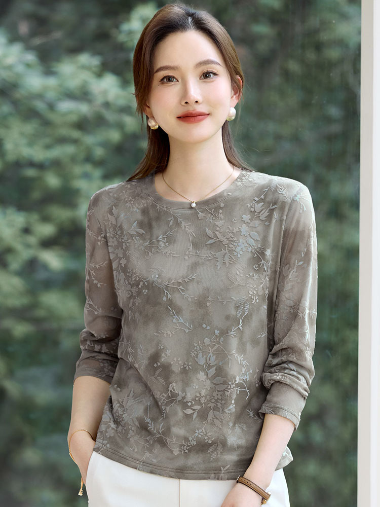 雀说 印提花春秋长袖T恤女士内搭可外穿打底衫XS82610059·灰色