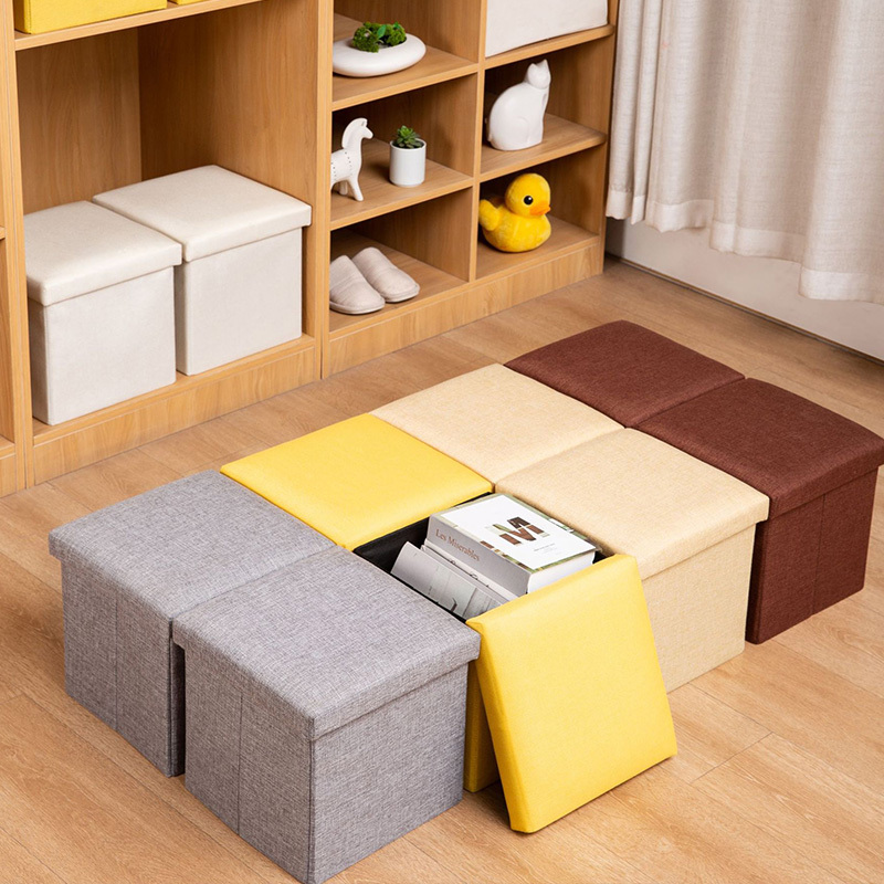2个棉麻收纳储物凳可折叠换鞋凳整理收纳箱31*31*31cm·黄色