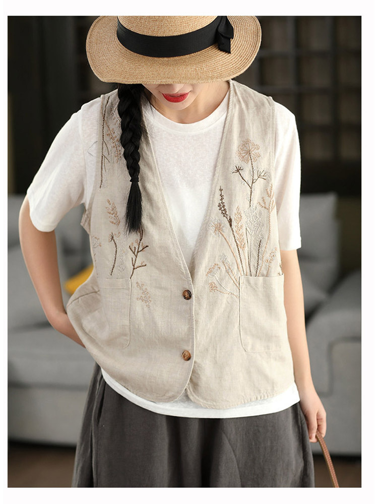 棉麻重工刺绣双侧口袋气质百搭马甲·杏色