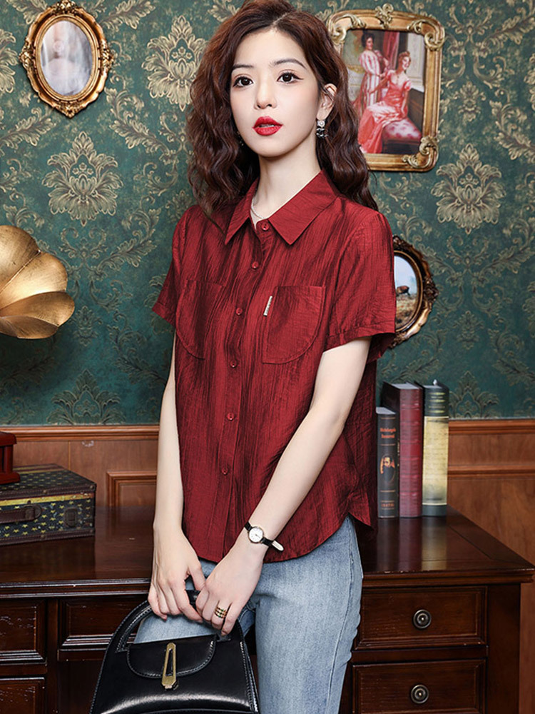 棉麻时尚设计风高级感宽松衬衣·砖红短袖