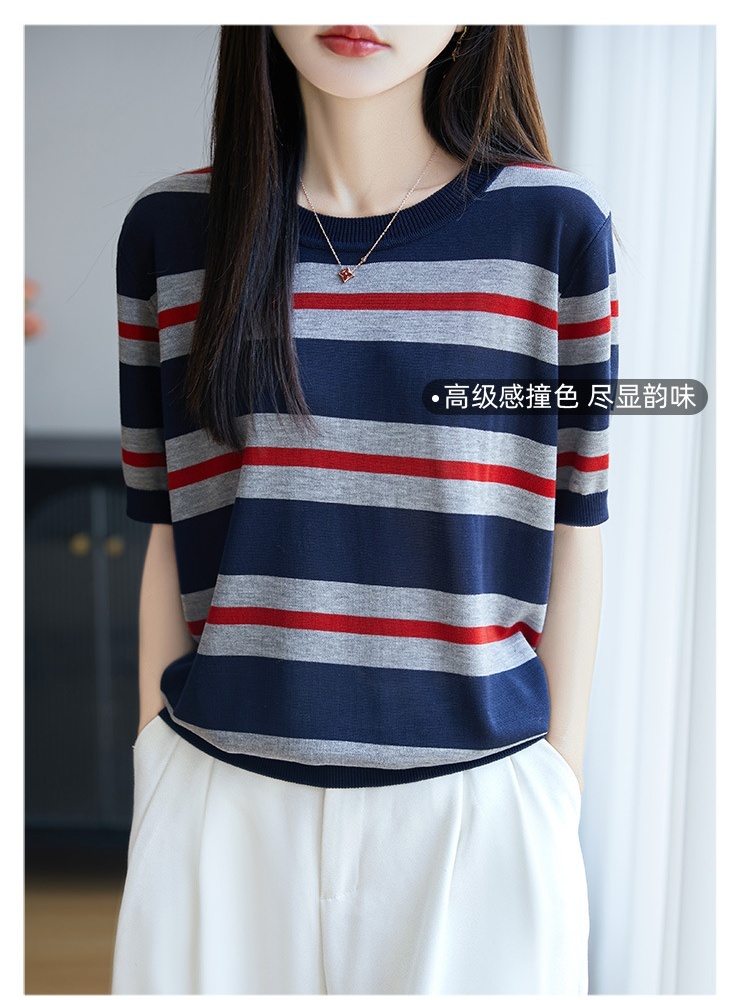 【凉感天丝】特舒显瘦条纹圆领短袖TS-269·蓝色