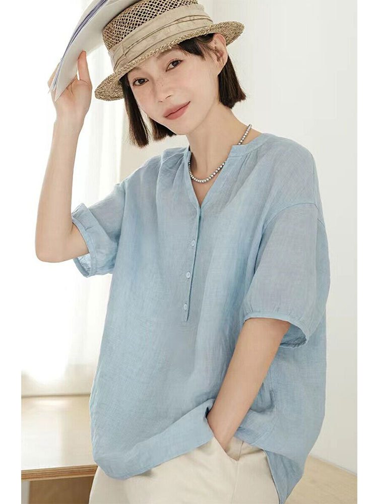 【新款特价】棉麻透气文艺复古宽松显瘦百搭上衣·蓝色