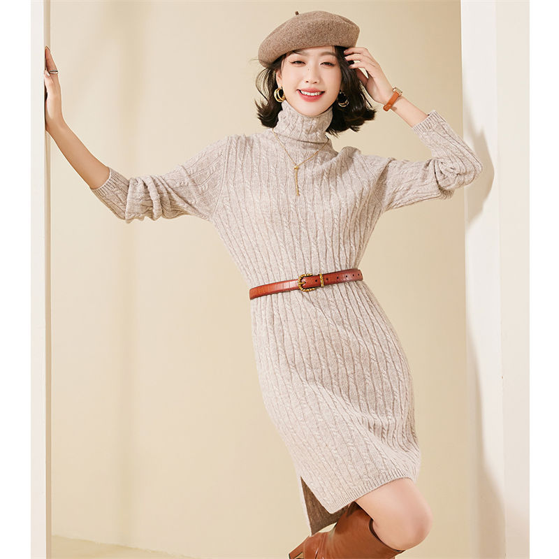 沃丽蔓 高订款简约羊毛连衣裙-166235015·驼色