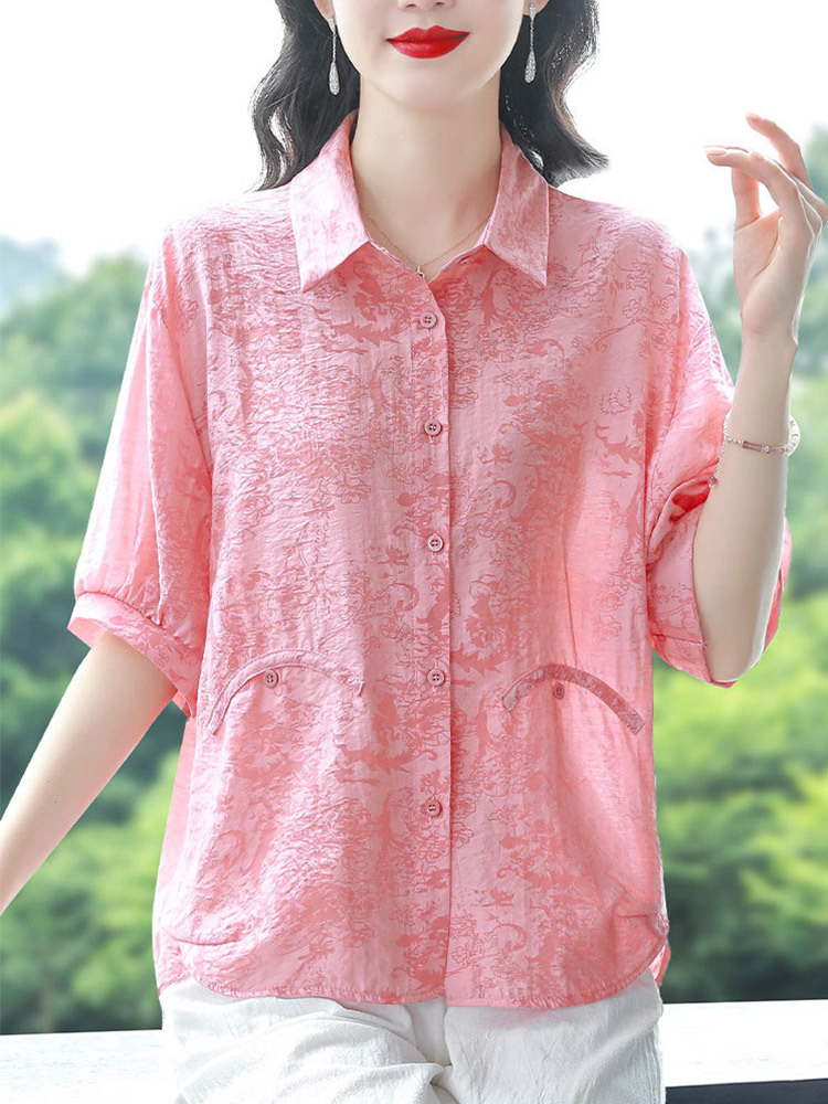 棉麻印花开扣遮肉显瘦减龄百搭上衣·蓝色
