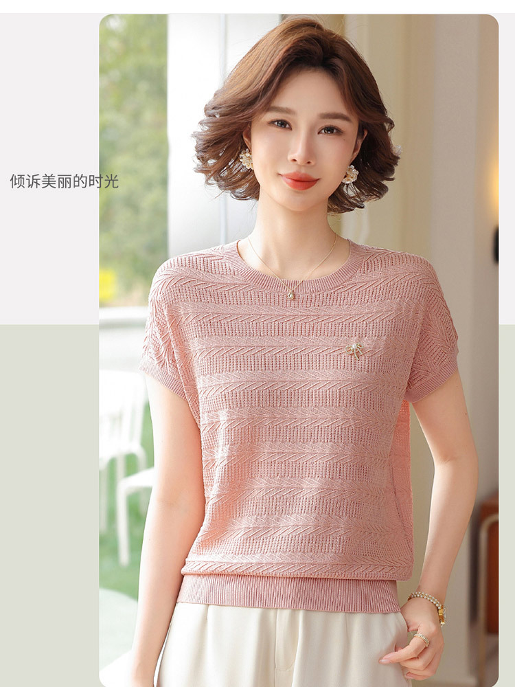 欧奈丝 女士大码提花短袖冰麻衫6155605·米色