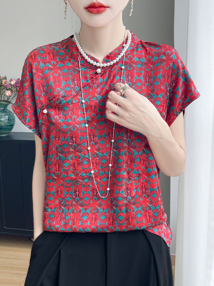 新款优雅醋酸缎面国风钉珠斜襟立领上衣·紫霞