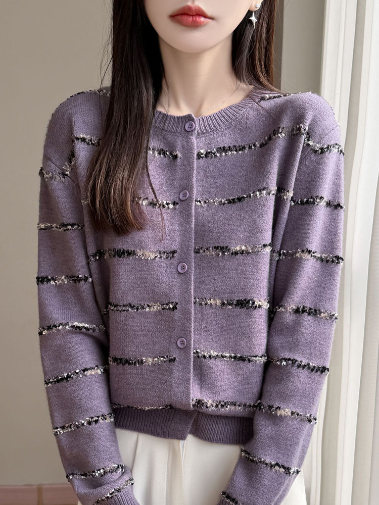 丁摩 小香风条纹薄款针织开衫纽扣毛衣NJR2-2188-37·紫色