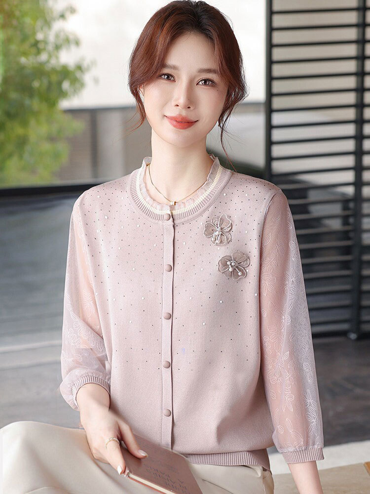 春夏雪纺网纱袖针织开衫9610#·豆沙粉