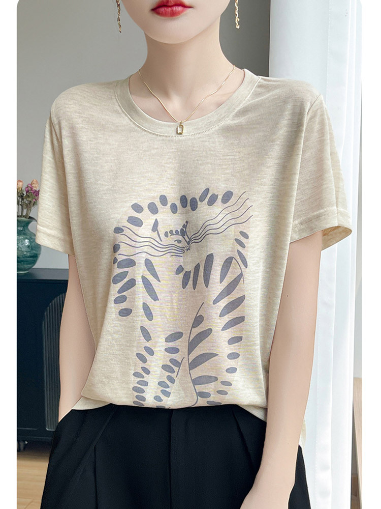 新款超细纤维圆领印花清爽透气时尚减龄短袖·灰色