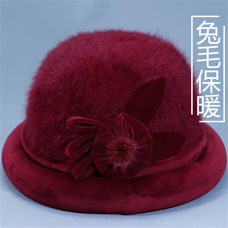兔毛保暖 加绒中年盆帽·酒红色蝶梦