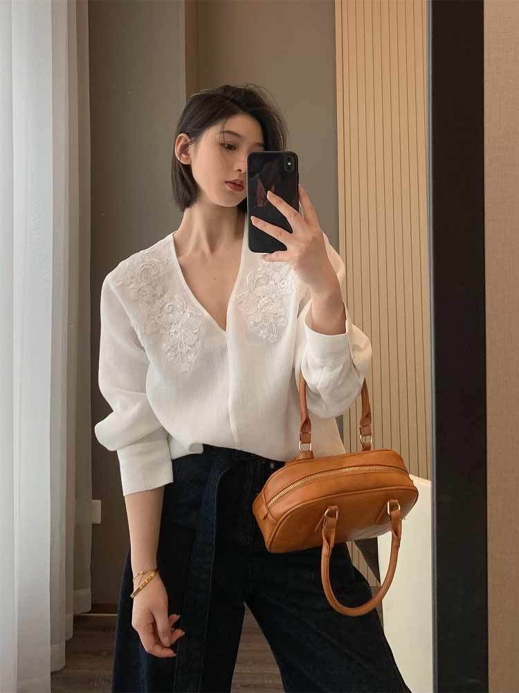 婵阅专柜高货新中式国风女装上衣白色重工刺绣钉珠V领长袖衬衫·6162-白色