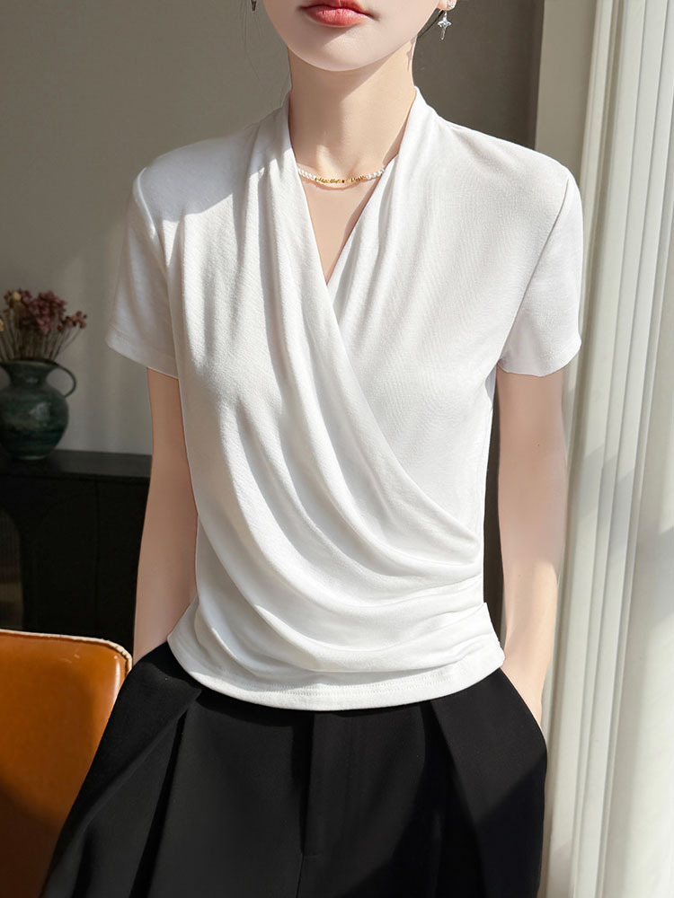 【爆款特价】精纺莱赛尔法式V领交叉气质时尚短袖·高级灰