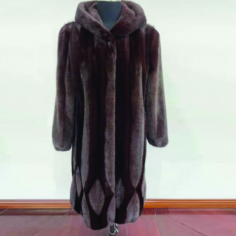 索娜斯华丽连帽丹麦进口水貂大衣·咖啡色