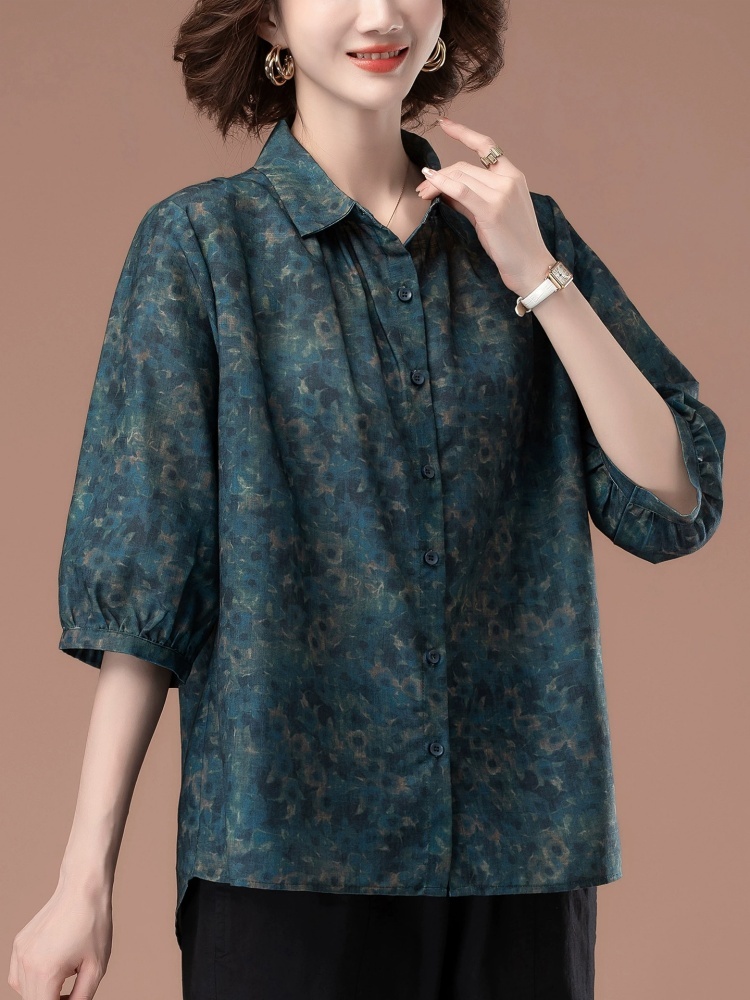 凯诗帕墨绿显瘦印花中袖衬衫6447·墨绿