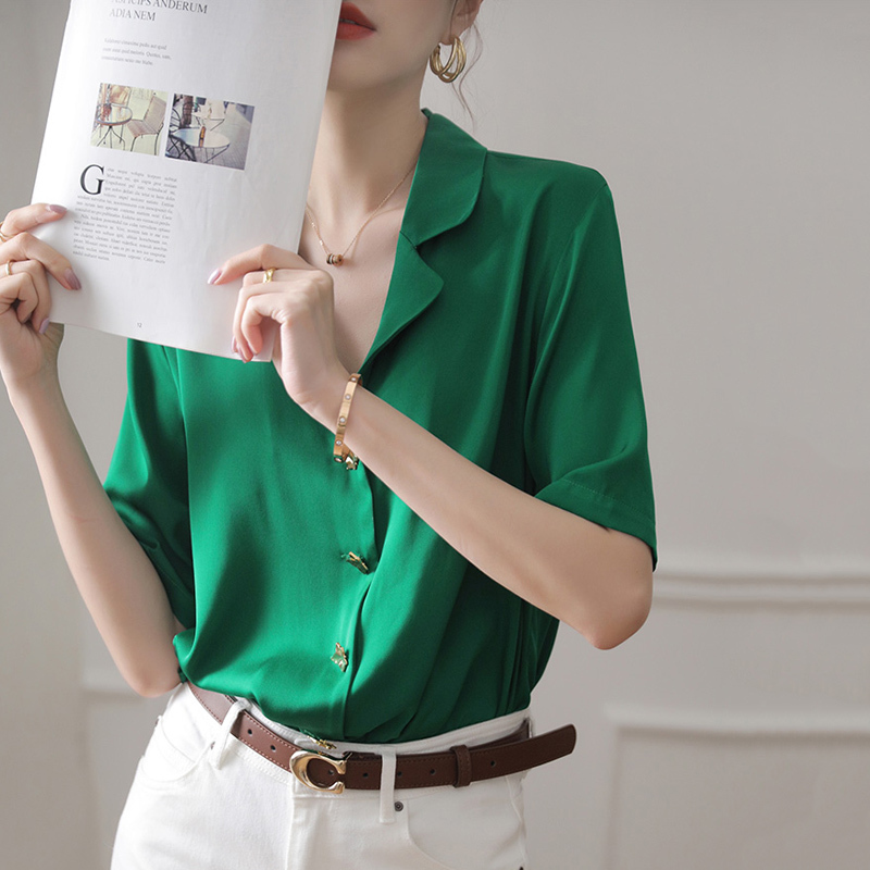 丁摩 真丝衬衫洋气时尚法式短袖绿色桑蚕丝衬衣上衣开衫Q122034 H·巴黎绿