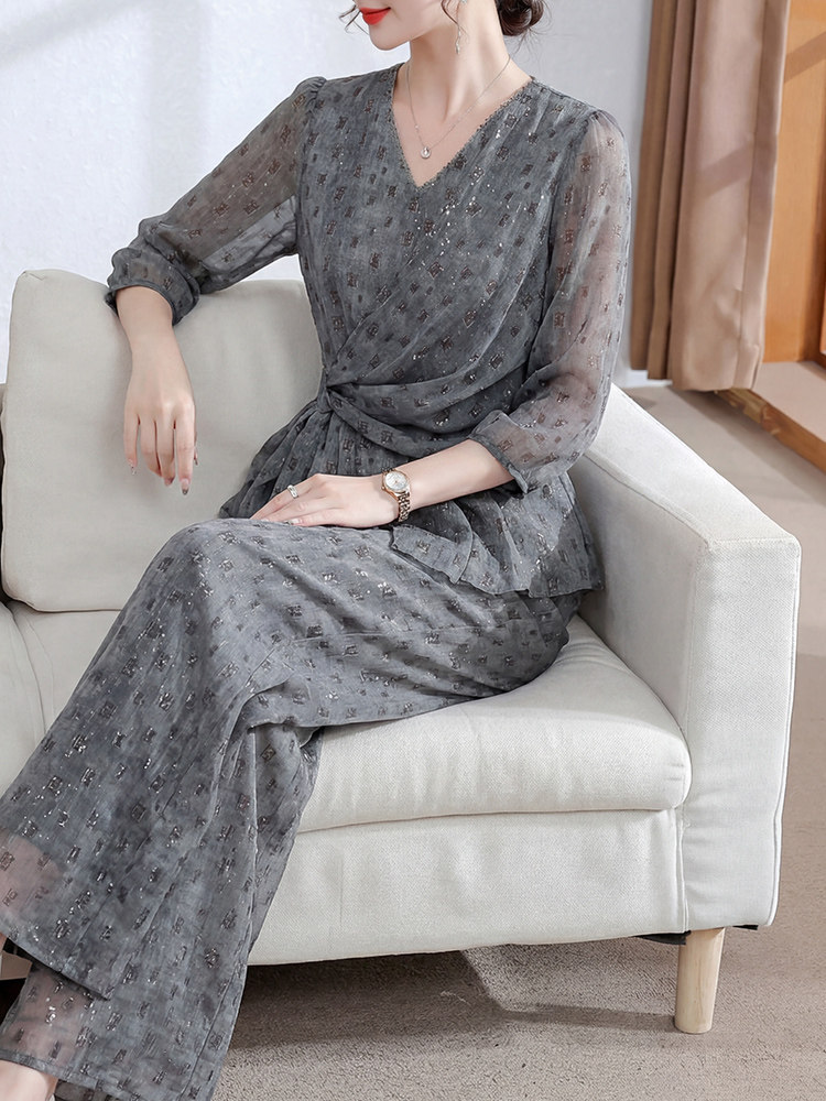 高级雪纺收腰系带七分袖小衫阔腿裤套装9606#·高级灰