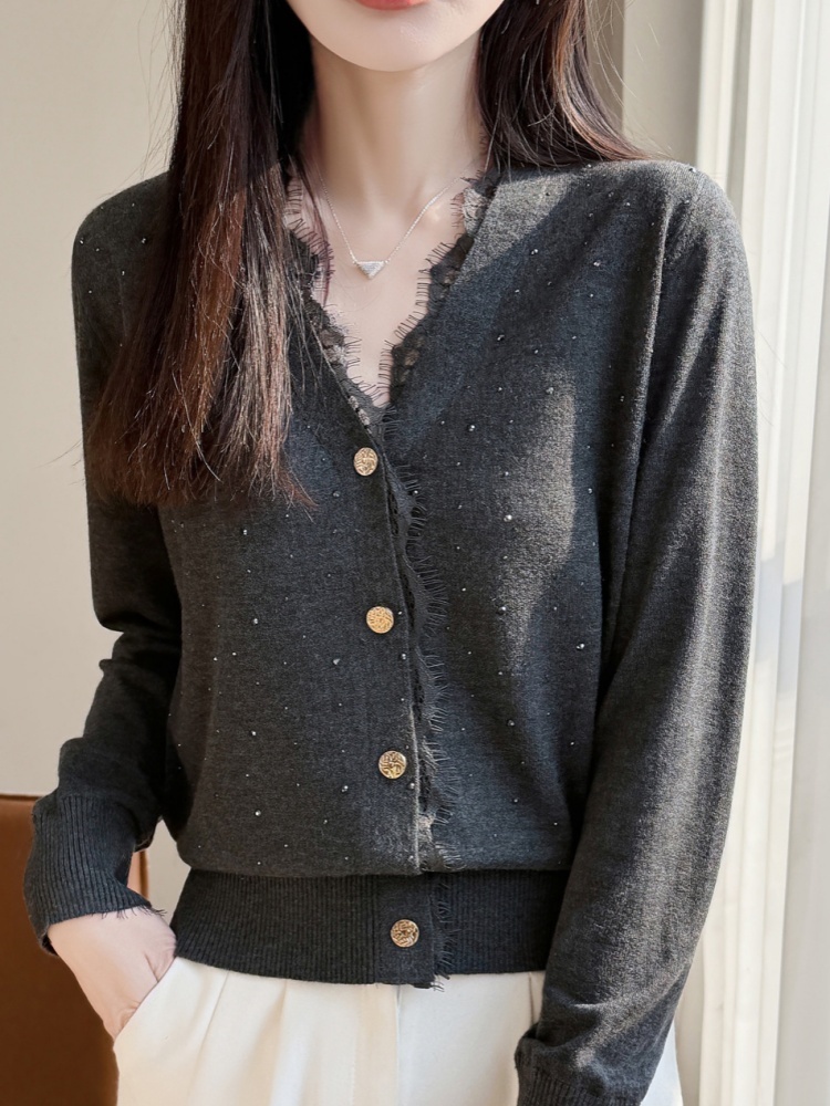 【精纺羊毛】特舒法式蕾丝花边V领套针织衫衣TS-609·藏蓝