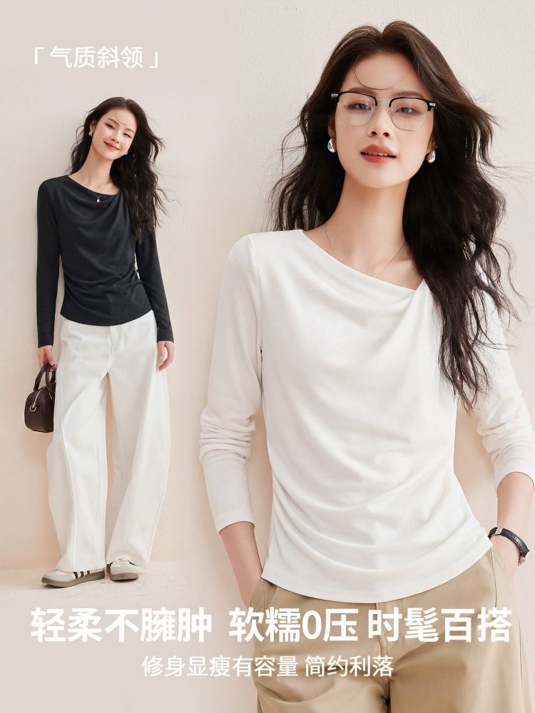 【超弹绒感】修娴设计感斜领收腰T恤M929·白色