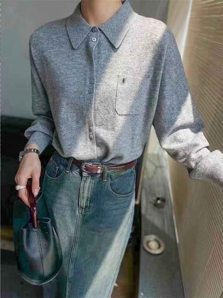 米彩微姿 早秋时尚韩版polo领羊绒羊毛慵懒风针织开衫·灰色