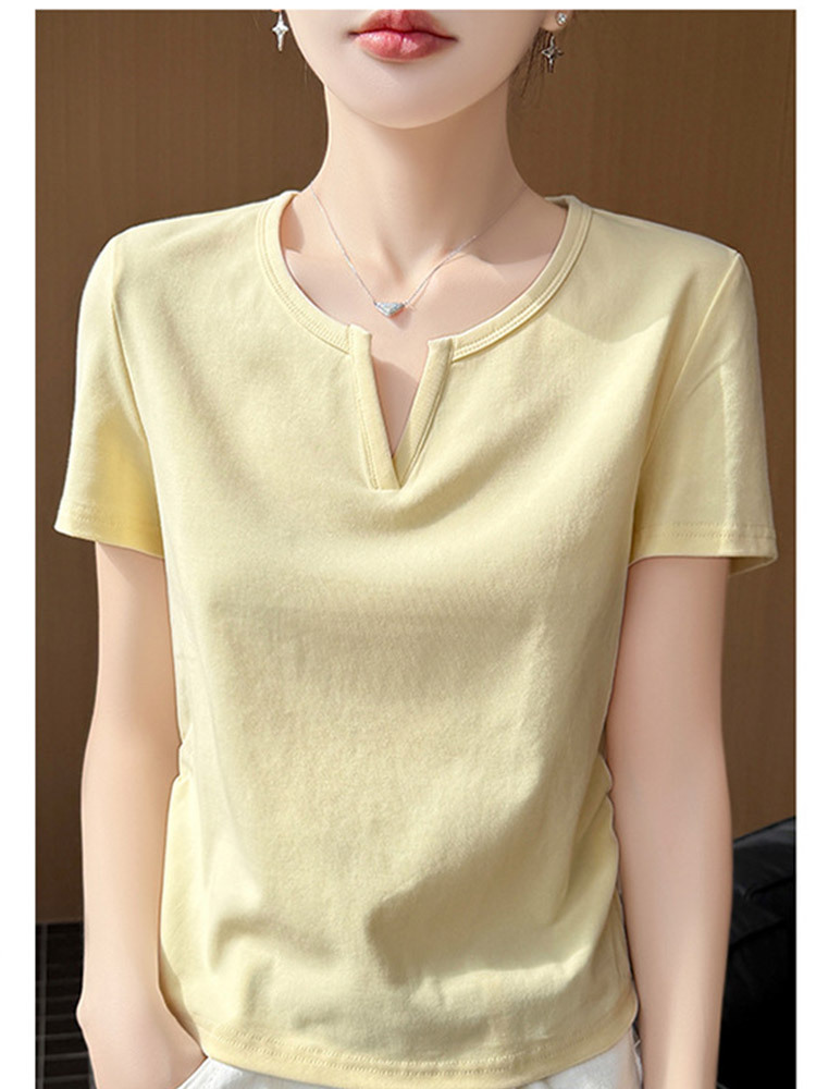 新款92纯棉质感透气设计师V领气质短袖·黄色
